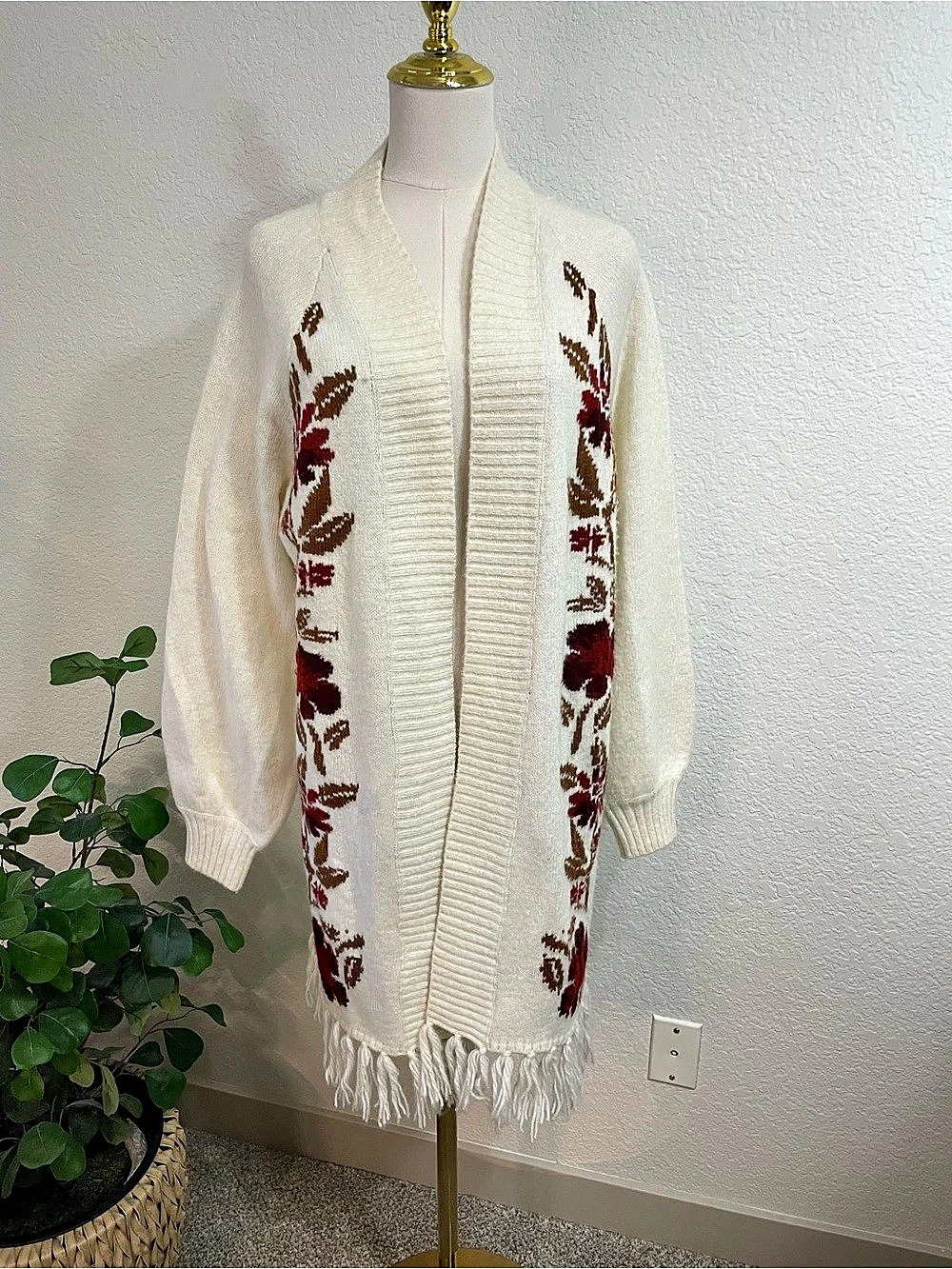 Shyanne Floral Long Cardigan Sweater Fringe Western Cowgirl Large